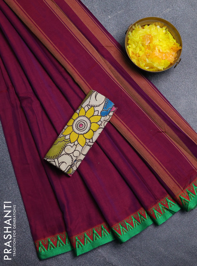 Narayanpet cotton saree magenta pink and beige with plain body and temple design thread woven border