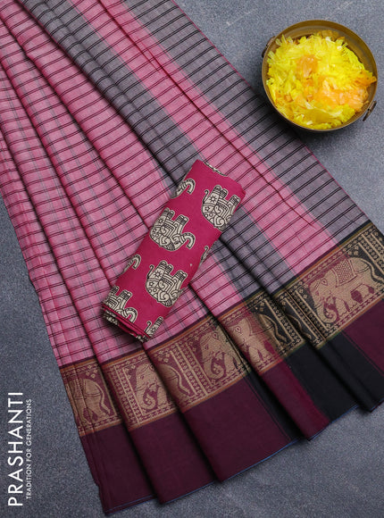 Narayanpet cotton saree mauve pink and magenta pink with allover thread checked pattern and elephant thread woevn simple border