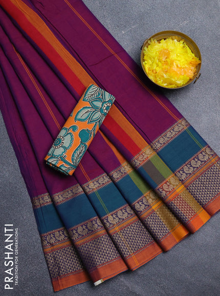 Narayanpet cotton saree magenta pink and orange with plain body and long thread woven border