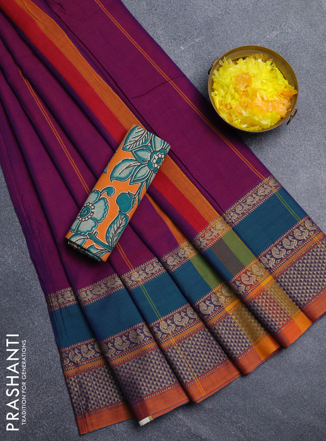 Narayanpet cotton saree magenta pink and orange with plain body and long thread woven border