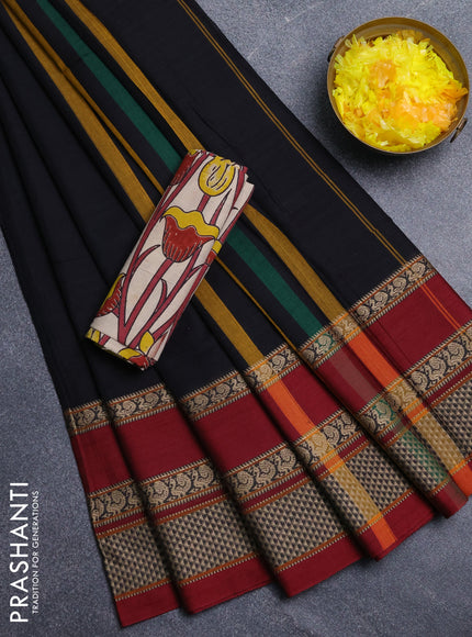 Narayanpet cotton saree black and deep maroon with plain body and long thread woven border
