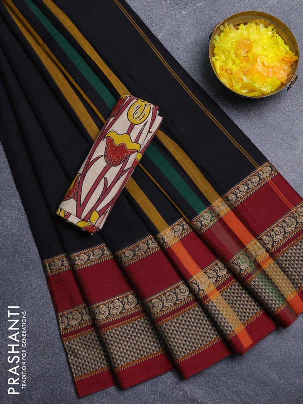 Narayanpet cotton saree black and deep maroon with plain body and long thread woven border