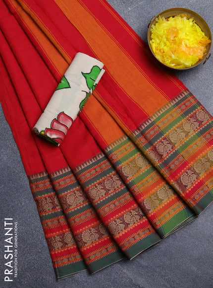 Narayanpet cotton saree red and beige with plain body and long thread woven border