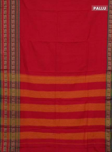 Narayanpet cotton saree red and beige with plain body and long thread woven border