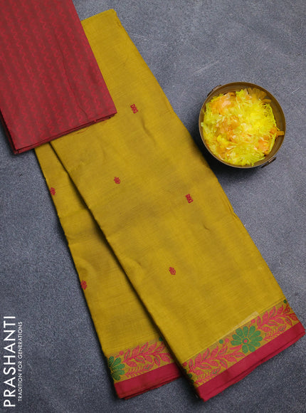 Chettinad cotton saree mustard yellow and maroon with thread woven buttas and thread woven border