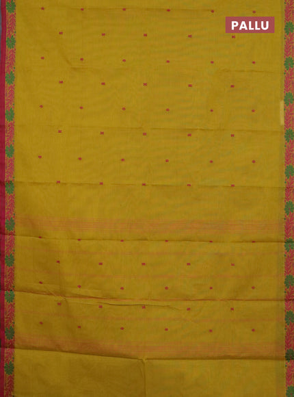 Chettinad cotton saree mustard yellow and maroon with thread woven buttas and thread woven border