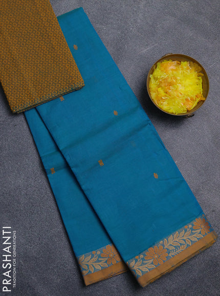 Chettinad cotton saree teal blue and mustard yellow with thread woven buttas and thread woven border