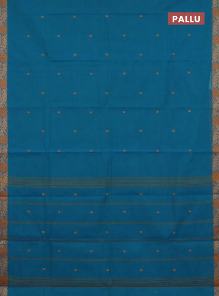 Chettinad cotton saree teal blue and mustard yellow with thread woven buttas and thread woven border