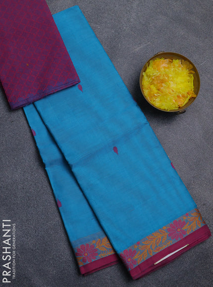 Chettinad cotton saree teal blue and magenta pink with thread woven buttas and thread woven border