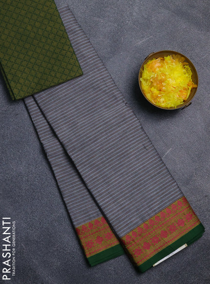 Chettinad cotton saree grey and sap green with allover stripe pattern and thread woven border