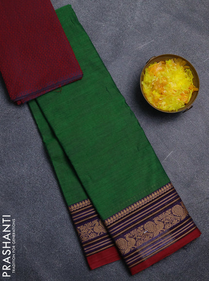 Chettinad cotton saree green and maroon with plain body and thread woven border