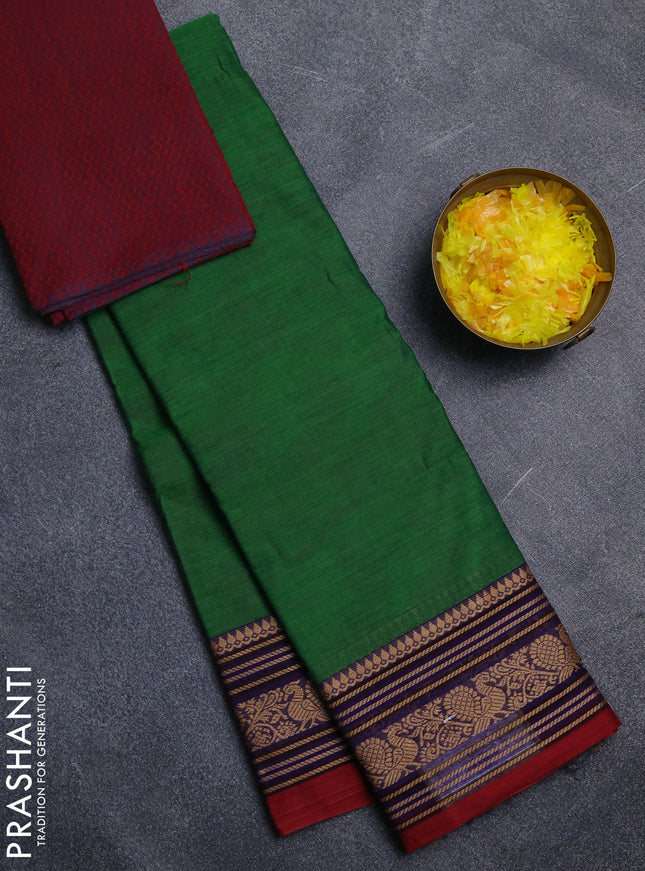 Chettinad cotton saree green and maroon with plain body and thread woven border