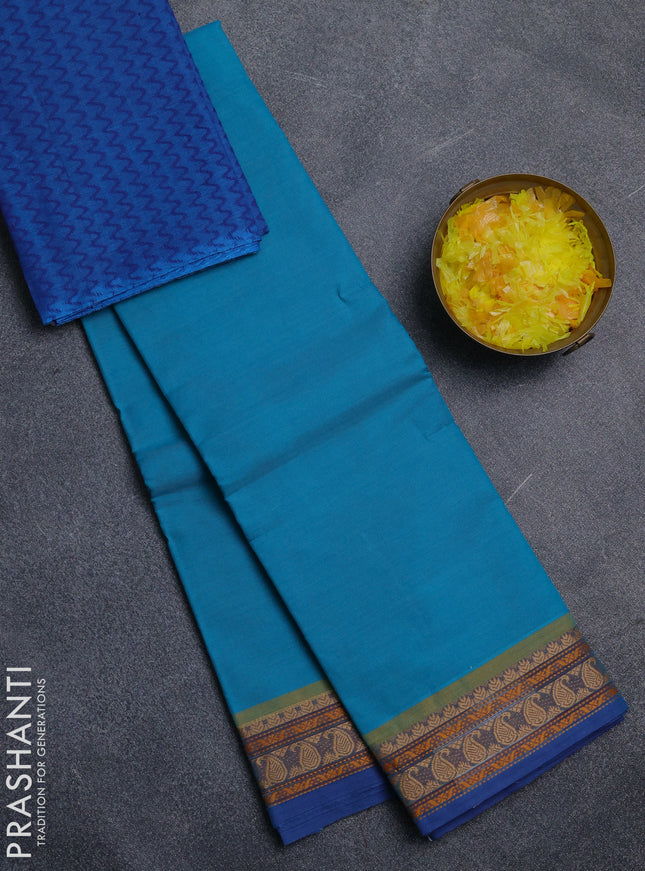 Chettinad cotton saree teal blue and blue with plain body and thread woven border