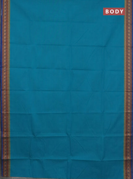 Chettinad cotton saree teal blue and blue with plain body and thread woven border