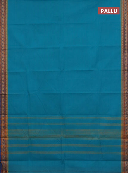 Chettinad cotton saree teal blue and blue with plain body and thread woven border