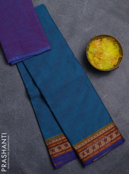 Chettinad cotton saree peacock blue and violet with plain body and thread woven border