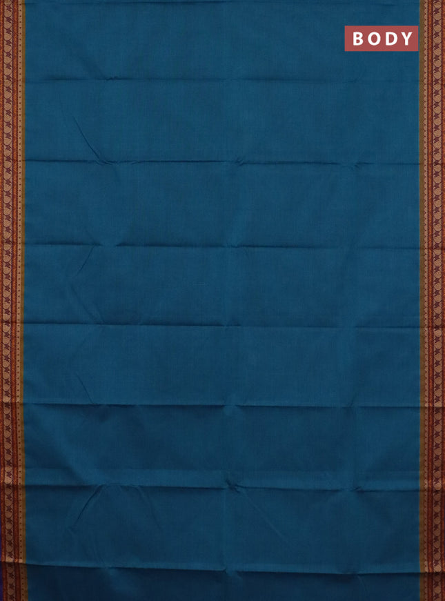 Chettinad cotton saree peacock blue and violet with plain body and thread woven border