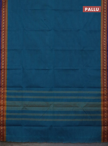 Chettinad cotton saree peacock blue and violet with plain body and thread woven border