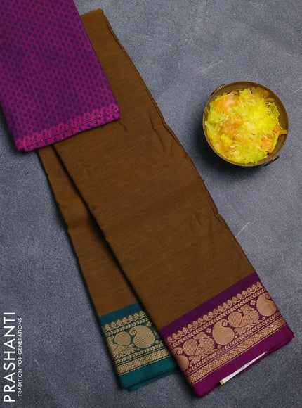 Chettinad cotton saree dark mustard and purple with plain body and ganga jamuna border