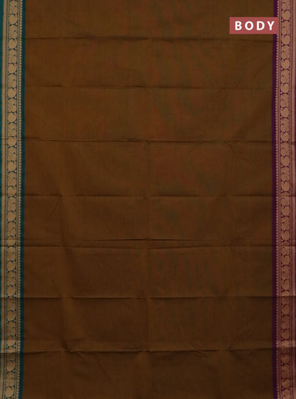 Chettinad cotton saree dark mustard and purple with plain body and ganga jamuna border