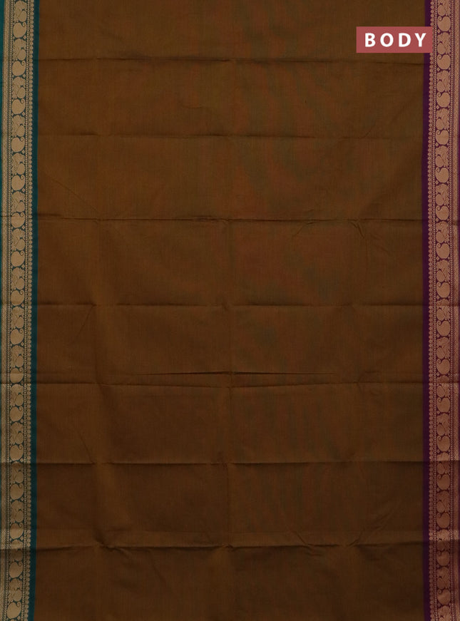 Chettinad cotton saree dark mustard and purple with plain body and ganga jamuna border
