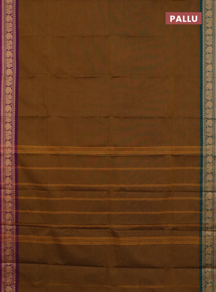 Chettinad cotton saree dark mustard and purple with plain body and ganga jamuna border