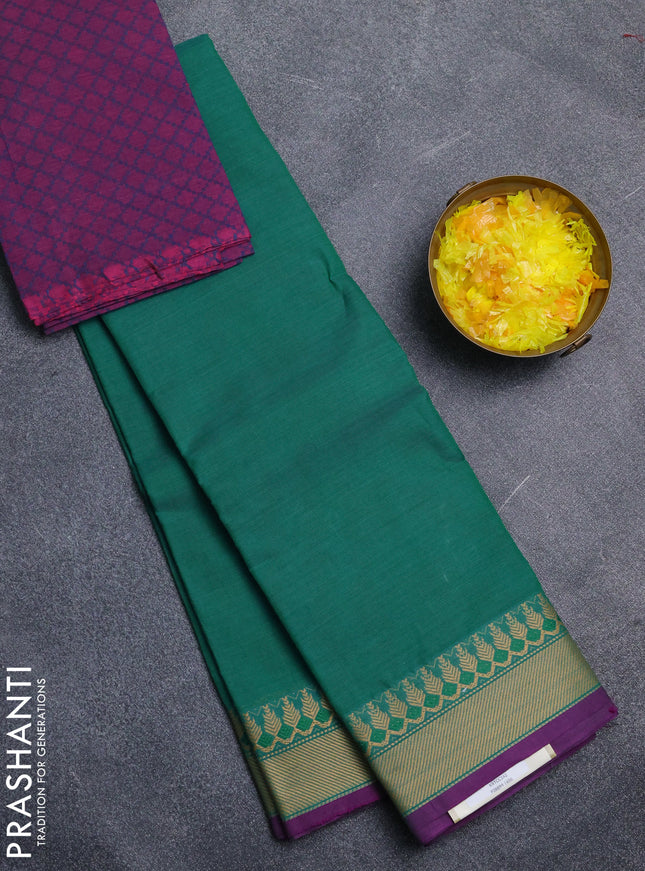 Chettinad cotton saree teal green and purple with plain body and thread woven border