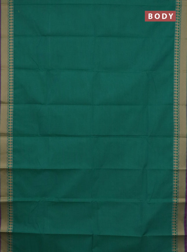 Chettinad cotton saree teal green and purple with plain body and thread woven border