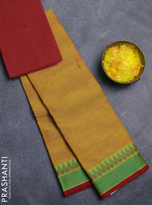 Chettinad cotton saree dual shade of yellow and maroon with plain body and thread woven border