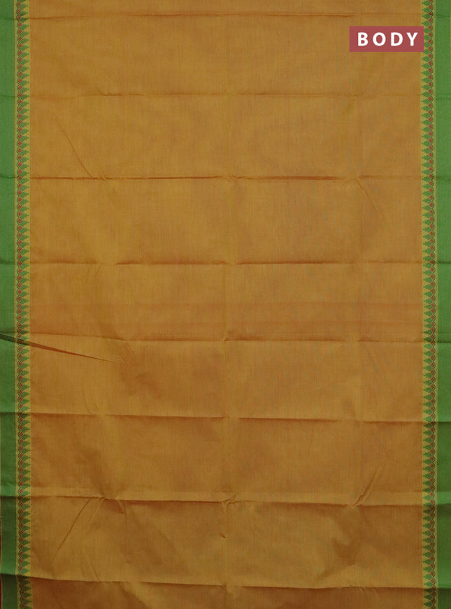 Chettinad cotton saree dual shade of yellow and maroon with plain body and thread woven border