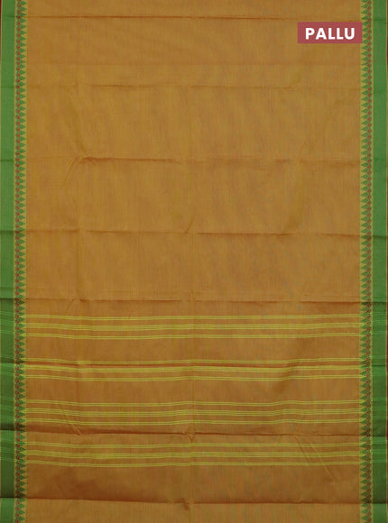 Chettinad cotton saree dual shade of yellow and maroon with plain body and thread woven border