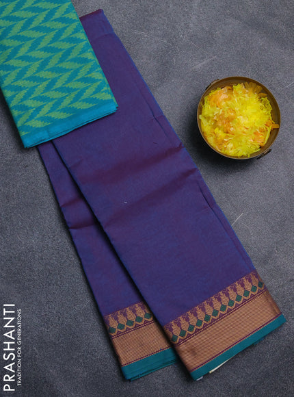 Chettinad cotton saree dual shade of bluish maroon and teal green with plain body and thread woven border