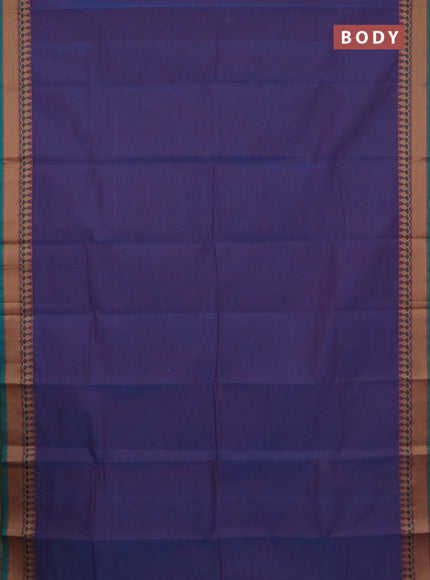 Chettinad cotton saree dual shade of bluish maroon and teal green with plain body and thread woven border