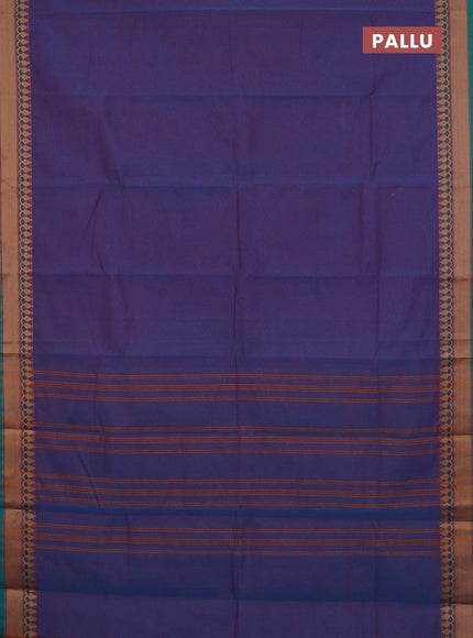 Chettinad cotton saree dual shade of bluish maroon and teal green with plain body and thread woven border