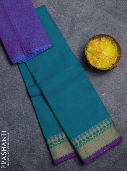 Chettinad cotton saree teal green and purple  with plain body and thread woven border