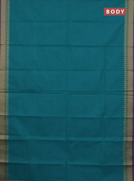 Chettinad cotton saree teal green and purple  with plain body and thread woven border