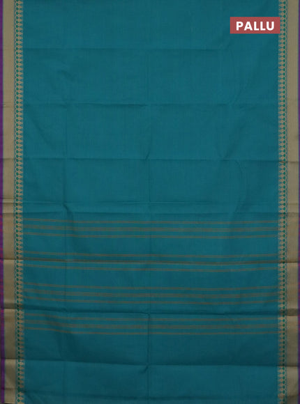 Chettinad cotton saree teal green and purple  with plain body and thread woven border