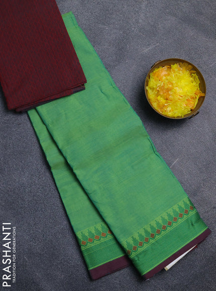 Chettinad cotton saree light green and maroon with plain body and thread woven border
