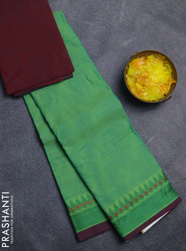 Chettinad cotton saree light green and maroon with plain body and thread woven border