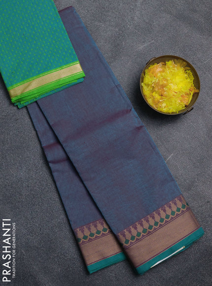 Chettinad cotton saree dual shade of bluish maroon and teal green with plain body and thread woven border