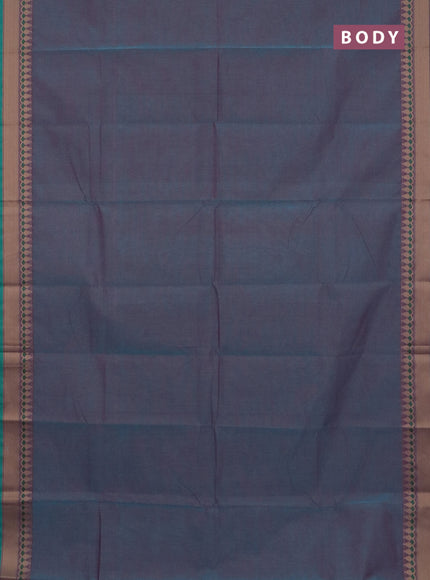 Chettinad cotton saree dual shade of bluish maroon and teal green with plain body and thread woven border