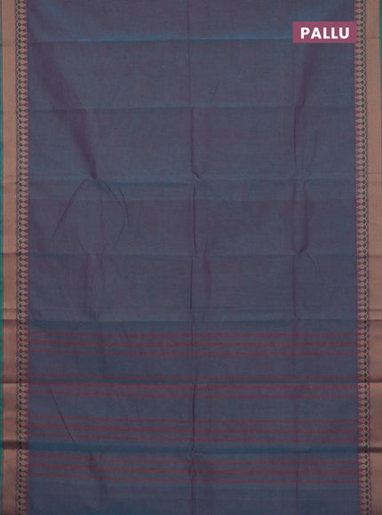 Chettinad cotton saree dual shade of bluish maroon and teal green with plain body and thread woven border