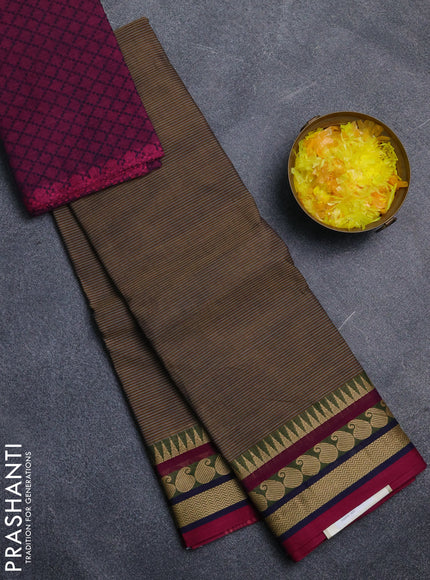 Chettinad cotton saree grey dark mustard and magenta pink with allover stripe pattern and thread woven border