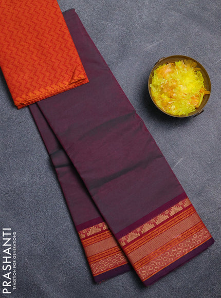 Chettinad cotton saree dual shade of greenish purple and purple orange with plain body and thread woven border