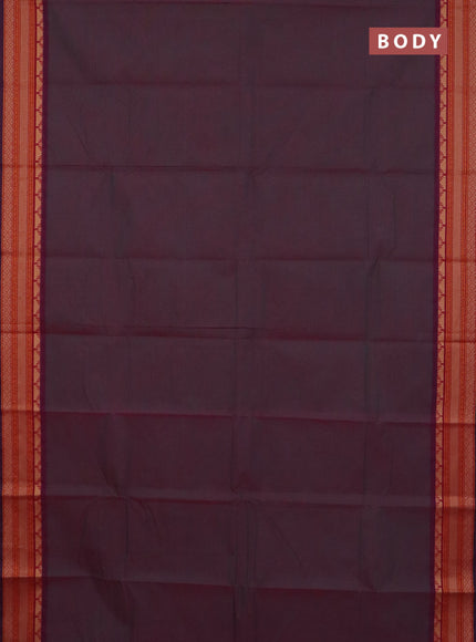 Chettinad cotton saree dual shade of greenish purple and purple orange with plain body and thread woven border