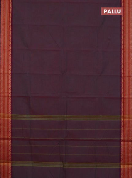 Chettinad cotton saree dual shade of greenish purple and purple orange with plain body and thread woven border