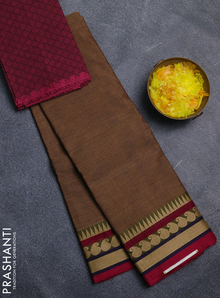Chettinad cotton saree brown and magenta pink with allover stripe pattern and thread woven border