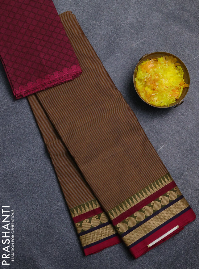 Chettinad cotton saree brown and magenta pink with allover stripe pattern and thread woven border
