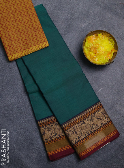 Chettinad cotton saree teal green and navy blue yellow with plain body and rettapet thread woven border