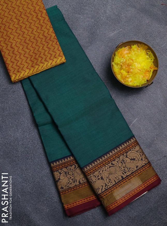 Chettinad cotton saree teal green and navy blue yellow with plain body and rettapet thread woven border
